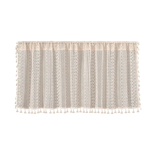 Beige Lace Cafe Curtain - 150 x 45 cm Cotton Linen Half Window Curtain with Openwork Pattern and Tassel Trim for Kitchen, Cabinet and Small Window Decor