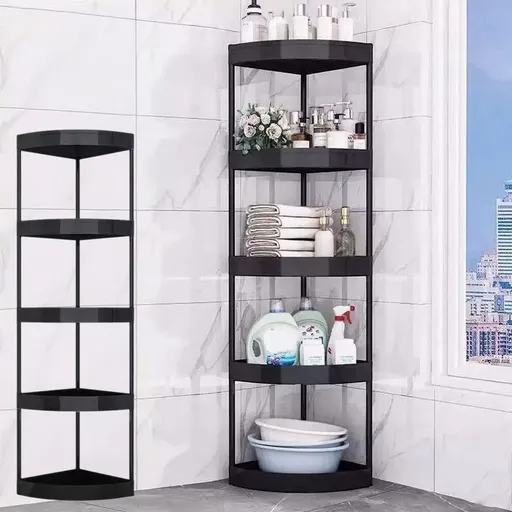 Bathroom Corner Storage Shelf | Toilet Organizer Rack | Tripod Floor Stand with Removable Rollers | Plastic and Stainless Steel Bathroom Shelving Unit | Home Organization for Small Spaces