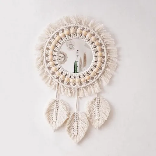 Wall Hanging Mirror, Boho Wall Mirror with Leaf Tassels and Wooden Bead, Hand-Woven Wall Decor Mirror for Bedroom Living (Beige)