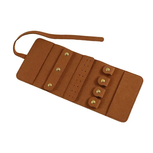 Portable Microfiber Jewelry Storage Bag Roll Organizer for Earrings Necklaces - Brown