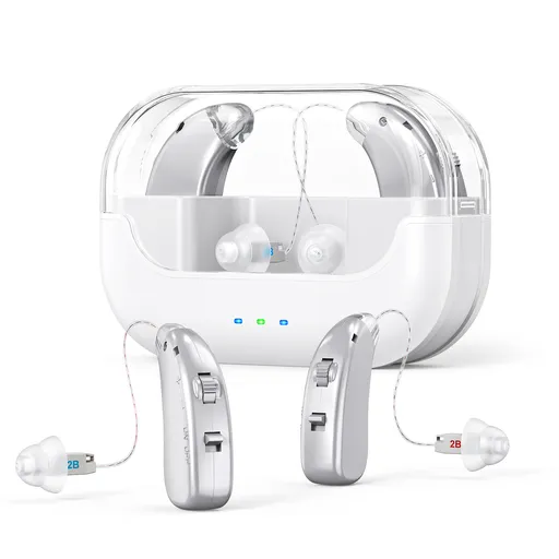 Rechargeable Hearing Amplifier with Charging Case – Compact Sound Enhancer for Daily Use, Noise Reduction & Clear Audio (White & Transparent Case, Silver Tone)