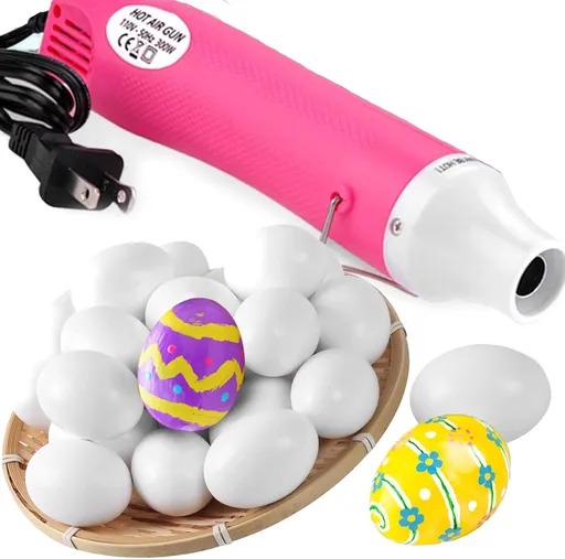 Heat Gun for Crafts Pink Ergonomic 8.8 Inch with Stainless Steel Stand and 24 Pack Realistic White Wooden Eggs for Painting