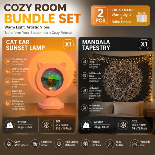 Pink Cat Ear Sunset Projection Lamp and 150x200cm Black Mandala Tapestry Combo - USB Powered ABS Mini Light withPolyester Wall Hanging for Bedroom, Living Room & Photography Ambiance