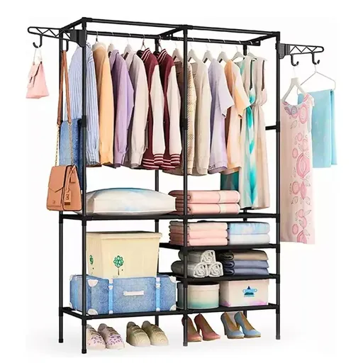 Double Rod Clothes Rack with 6 Storage Shelves Durable Steel Pipe Garment Rack Clothing Rack with 2 Extended Pendant Hooks for Entryway Corner Bedroom