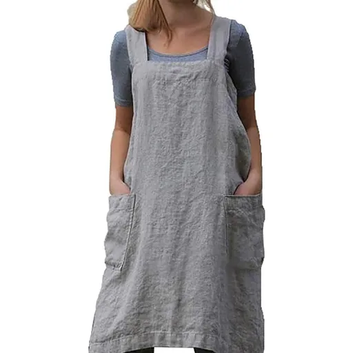 Women's Cotton and Linen Apron with Cross Back and Large Pocket, Gray, M