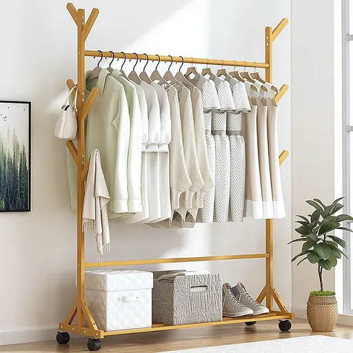 Portable Clothes Rack Coat Garment Stand Bamboo Rail Hanger Airer Closet