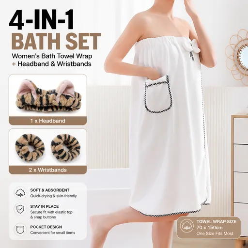 4PCS Spa Set Bath Wrap White bath towel Black and brown stripes Cat Ear Headband Wristbands Coral Fleece Quick Dry Absorbent Skincare Shower Hair Wash Set Home Spa Gift