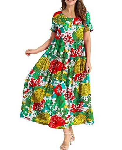 Women Floral Long Dress Short Sleeve Polyester Picture color 7 M Size: M; Height (cm): 160-165; Weight (kg): 50-55; Bust (cm): 86-90; Waist (cm): 70-74; Shoulder width (cm): 38; Length (cm): 60