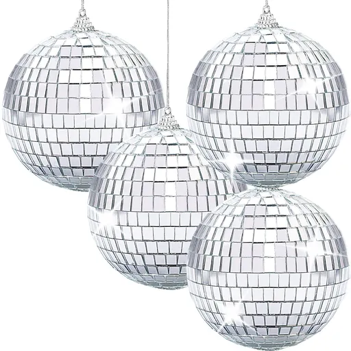 Sliver Disco Ball 4" Inch 4-Pack Reflective Mirror Ball Ornaments Hanging Disco Ball with Attached String for Ring Disco Ball