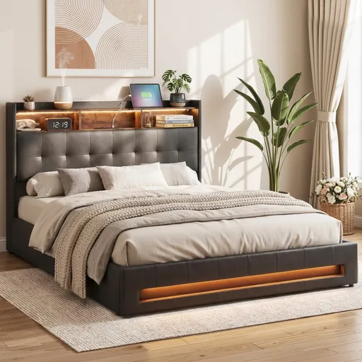 Artiss Queen Bed Frame with Gas Lift Storage LED Lights Charging Station Headboard with Open Shelf