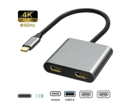 4 in1 Type C to Dual HDMI-compatible USB 3.0 4K Display Adapter Converter for MacBook Pro - Grey