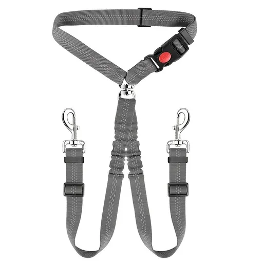 Dual-Head Pet Car Seat Belt with 360° Swivel Tangle-Free Leash for Two Dogs - Adjustable Safety Restraint for Car Travel and Outdoor Walking, Reflective Nylon Webbing (Grey)