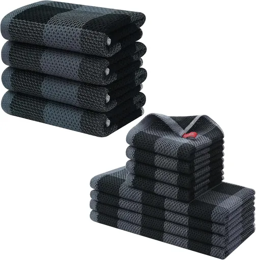 Homaxy 100% Cotton Waffle Weave Check Plaid Kitchen Towels, 13 x 28 Inches, 4-Pack, White & Black and Kitchen Towels and Dishcloths Set, 12 x 12 and 13 x 28 Inches, Black & Grey
