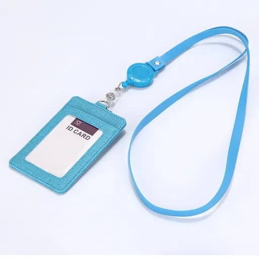 Retractable ID Badge Holder with Lanyard, PU Leather Work Card Holder for Office Staff Nurse Teacher Student ID Card-Light Blue