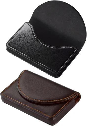 2pcs Leather Business Card Holder Walle for Men or Women Pocket Business Card Wallet Name Card Case Holder with Magnetic Shut,Black+Brown