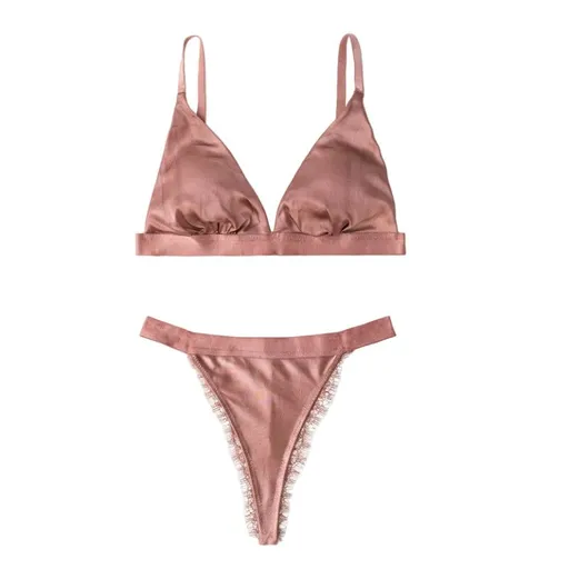 House Of Dasein French Style Ultra Thin Solid Color Lace Underwear Triangle Cup Wire Free Bra Erotic Two Piece Set - Rose Gold - M