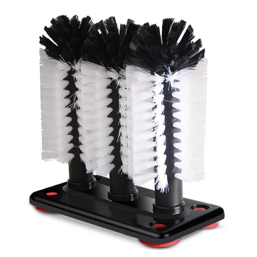 Glass Washer Brush Cleaner - 3 Brushes per Base Suction grip base firmly attaches to sinks.Standard triple brush glass washer.
