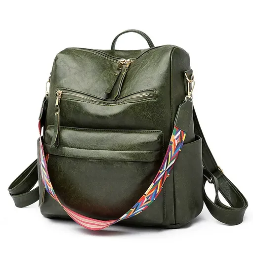 Vintage PU Anti-theft Backpack, Large Capacity Multi-pocket Casual Bag with Colorful Wide Shoulder Strap(GREEN)