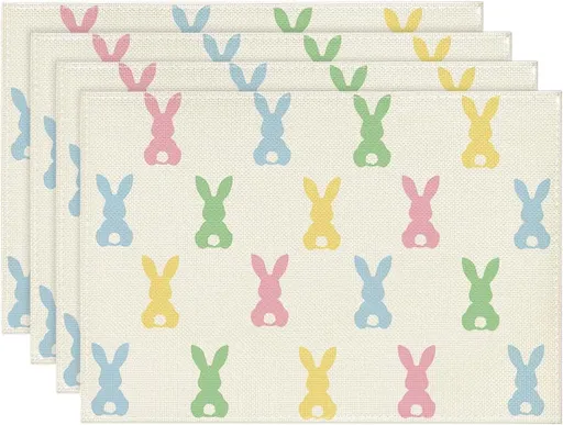 Colorful Bunny Rabbit Easter Placemats Set of 4, 12x18 Inch Seasonal Table Mats for Party Kitchen Dining Decoration