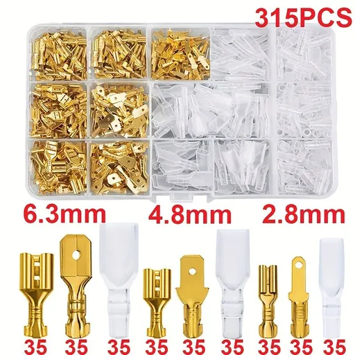 315PCS 2.8/4.8/6.3mm Female & Male Spade Terminals Kit, Insulated Crimp Wire Connectors with Transparent Sleeves for Automotive & Home Wiring