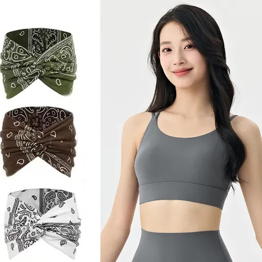 Outdoor sports combination-Grey XL Size thin shoulder straps Sports Bra with Adjustable Back Buckle and 3 Pack 18cm Boho Paisley Headband Set（Green and Coffee and White） - Breathable Fixed Cup Yoga Top and Wide Elastic Hair Band for Gym Running and D