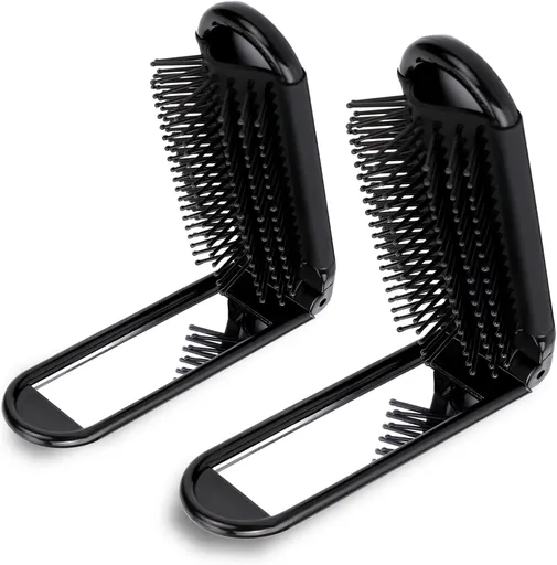 2 pieces of foldable hairbrush - portable travel hairbrush with pocket-sized mirror, anti-static mini hairbrush - small compact massage comb, hair styling tool - for women, girls, home, travel, gym, purse (black)
