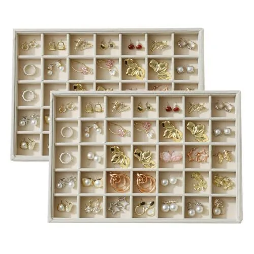 Large Velvet Jewelry Tray Display Drawer Inserts 2 Pack Stackable Jewelry Organizer for Earring Bracelet Necklace Ring 35 Grids - Beige - Size 35 Grids