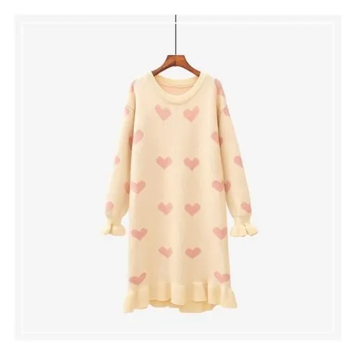 House Of Dasein Sweet Heart Loose Comfy Long Knitted Sweater Dress - Beige