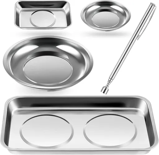 4 pcs Magnetic Tray with Magnetic Pin Screw Bolt Holder Round Magnet Parts Bowl Stainless Steel Pickup Tool Tray for Mechanic's