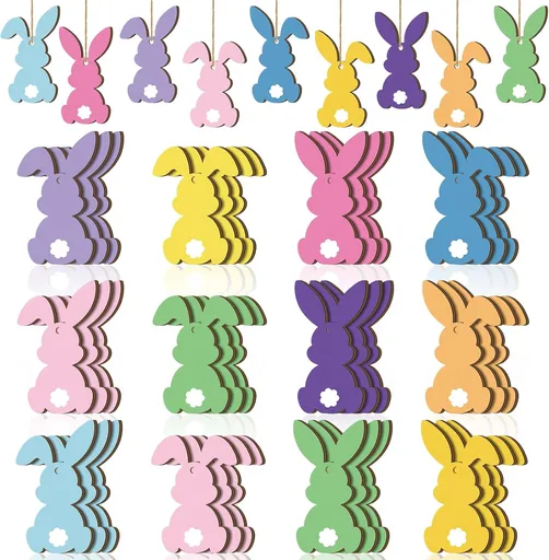36 Pcs Easter Bunny Tree Ornaments Easter Wooden Hanging Decor 12 Color Rabbit Embellishments for Tree Wood Bunny Tags Rabbit Shape Cutouts with String for Party Wall Gift