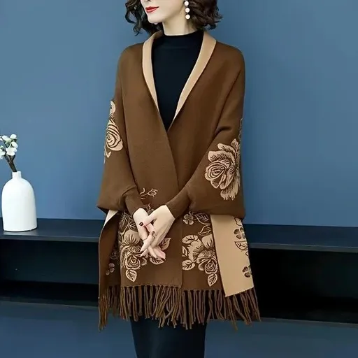 Double-sided Jacquard Cheongsam Shawl, Color-Blocked Fringed Cape Design, Autumn/Winter Fashion & Warmth Two-in-One Scarf(brown)