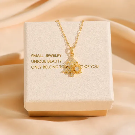 Golden Rotating snowflake Christmas Tree Pendant Necklace - Titanium Steel - Micro Pave Cubic Zirconia, Adjustable 40+5cm Chain, Festive Holiday Gift for Women