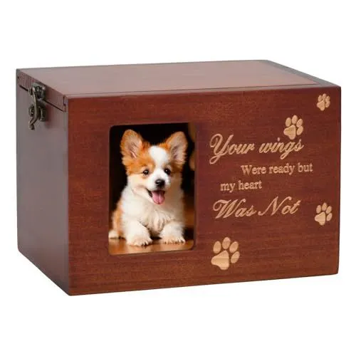 Pet Memorial Urns for Dog or Cat Ashes, Large Wooden Funeral Cremation Urns with Photo Frame, Keepsake Memory Box with Flannel Lining - Brown - Size 16*11.2*11cm