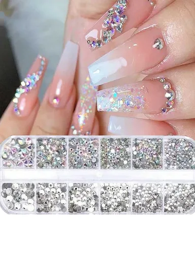 12 Grid Nail Rhinestones 1.5mm-5mm 3D Glass Crystal AB Clear Stones Gems Pearl For Nail Art DIY Decoration Flatback Charms Acrylic Nails Supplies