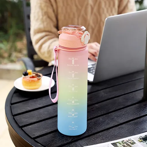 1L Water Bottles Big Water Bottle with Straw Travel Water Bottle with Time Marker Motivational Sports Water Bottle (Pink)