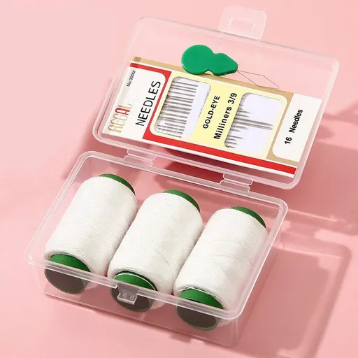 Portable Mini Sewing Kit (White Line)- Compact Clothing Repair Set with 3 Thread Spools, Hand Sewing Needles, Needle Threader and Storage Box for Home and Travel