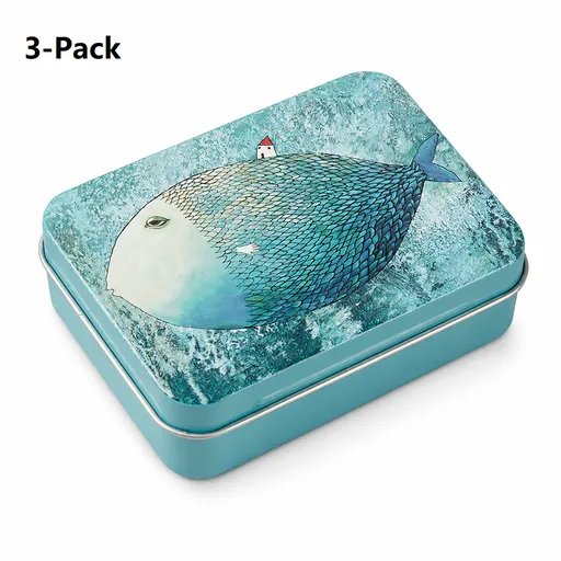 3-Pack Large fish patterns Portable Metal Storage Box for Cotton Swabs and Coins – Compact and Portable (95x70mm), Durable Storage Accessory
