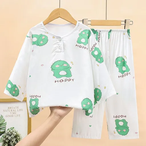 Children Viscose Pajamas Set Thin Unisex Dark green bottom bear head 80-90cm