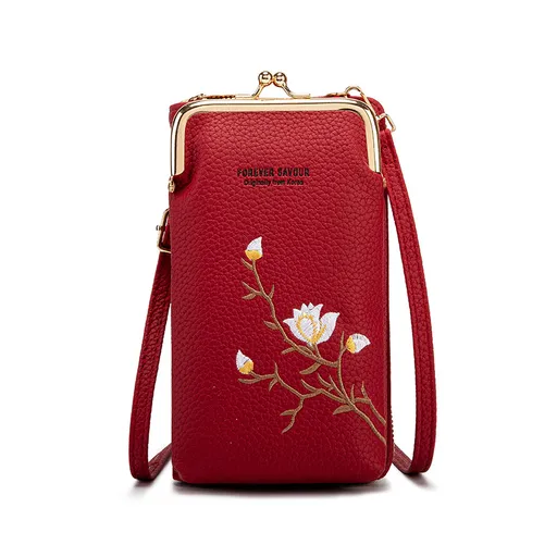 Embroidered Crossbody Phone Wallet All-in-One Purse Red