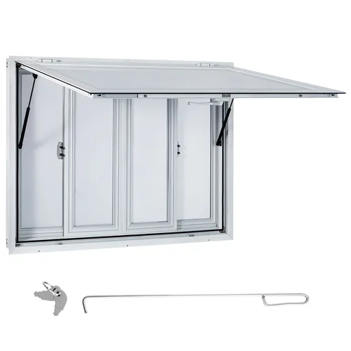 Concession Window, 48 x 36 inch, Aluminum Alloy Food Truck Service Window with 4 Horizontal Sliding Screen Windows & Awning Door & Drag Hook, Serving Window for Food Trucks Concession Trailers
