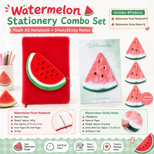 Fruit-Shaped Office Supplies Set-3 packs Watermelon Shaped Sticky Notes and A5 Plush Notebook with Watermelon Shaped Detachable Coin Purse - Cute Memo Pads for Journaling Office School Gift Ready