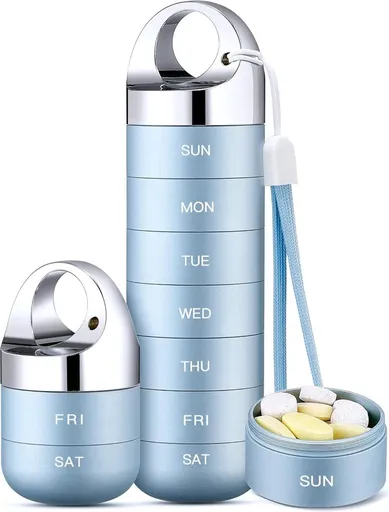 Weekly Pill Organizer Aluminum Alloy Travel Pill Case With Large Compartments And Laser Day Labels For Vitamins Supplements Light Blue