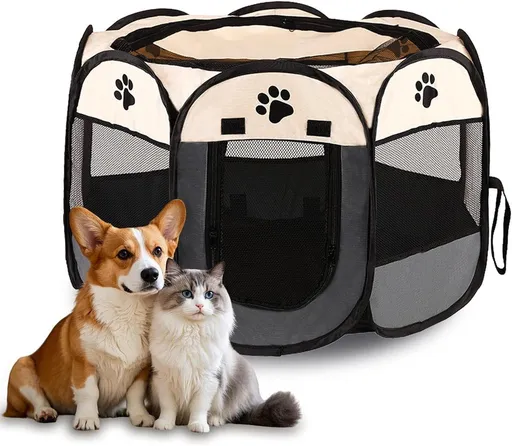 Cat Kennel, Portable Dog Fence, Outdoor Run for Cats, Playpen for Adult Kittens, Waterproof Dog Kennel, Dog Camping Cage Grey, 73 x 73 x 43 cm