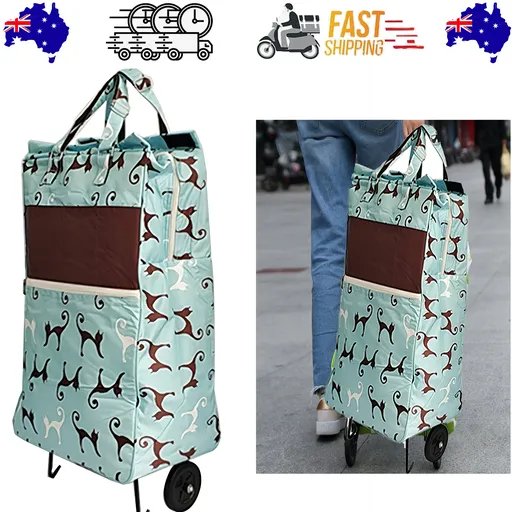 Shopping Trolley Cart Bag Foldable Wheels Carts Bags Market Luggage Basket sky blue cat