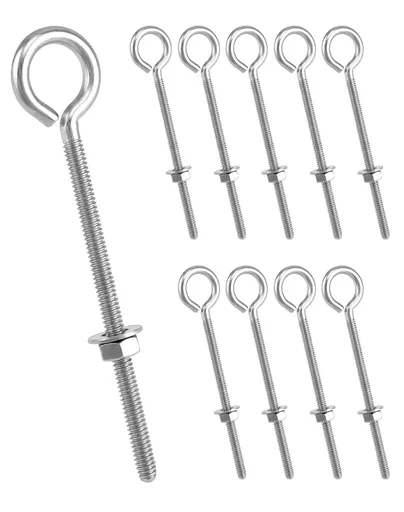 Eye Bolts, 10 Pack 1/4" x 4" Stainless Steel Long Threaded Eyebolts with Nuts, for Hanging or Securing Cables