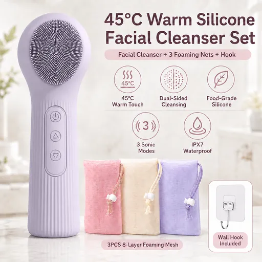 Purple 45°C Constant Heating Silicone Facial Cleansing Brush and 3pcs 8-Layer Fine Foaming Nets Set - Electric Sonic Face Scrubber with Dual-Sided Cleaning Surface & 3-Speed Vibration Massage, IPX7 Waterproof Skincare Absorption and Massage Device