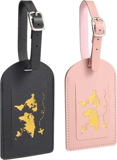 2pcs Leather Luggage Tag, Baggage Address Tags with Adjustable Strap Labels Privacy Protection Suitcase Identifiers for Suitcases Wedding Valentines Gift (Black, Pink) -