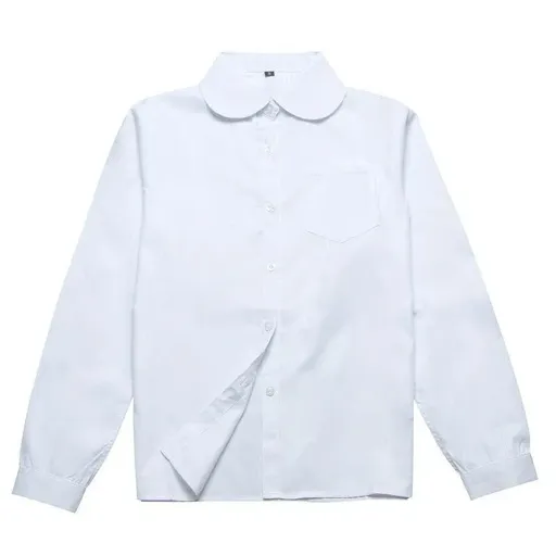 White Girls Peter Pan Collar Long Sleeve School Shirt with two button Adjustable Cuff - L