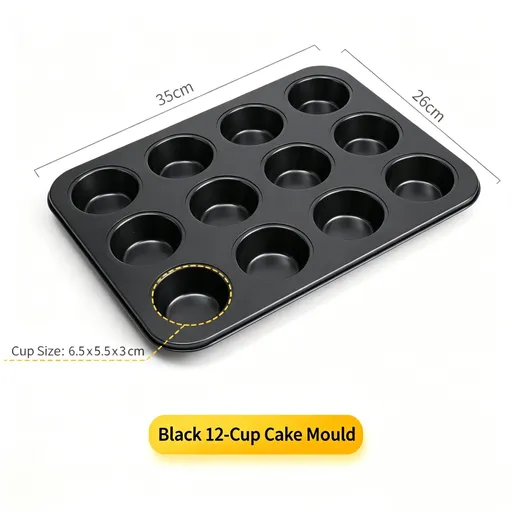 Non-Stick Muffin Baking Tray, Household Oven Cake & Bread Mould, Black 12-Cup Baking Pan, Reliable DIY Baking Accessory