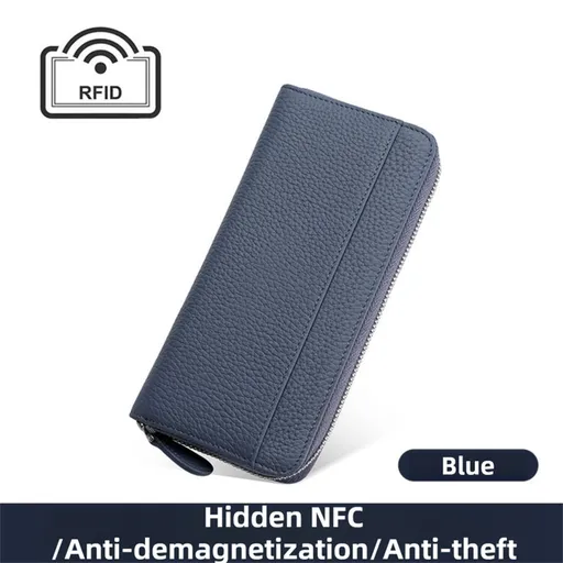 Blue Genuine Leather Women's Long Wallet with RFID Blocking & Hidden NFC - Large Capacity Phone Purse with 180° Zipper Closure, 18 Card Slots, Coin/Cash Pockets and for Daily Travel Use
